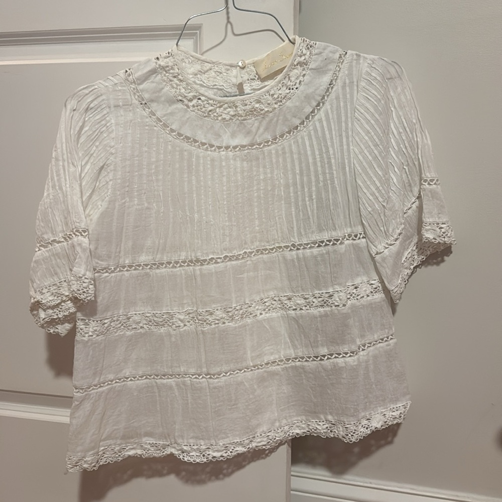 Love Sam White Cotton Eyelet Lace Blouse Top Shirt Short Sleeve Boho Size XS - Picture 4 of 7